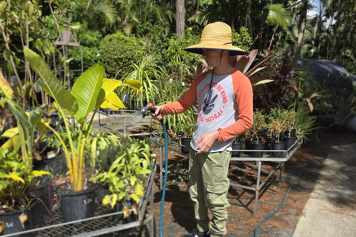A young participant is watering plants at a local nursery